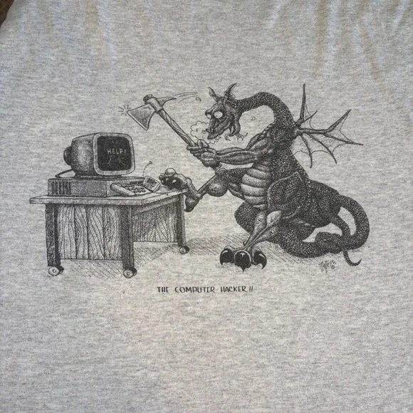 Vintage Jerzee The Computer Hacker Dragon Graphic T-Shirt XL Gray 90s Tech Humor - Picture 2 of 4